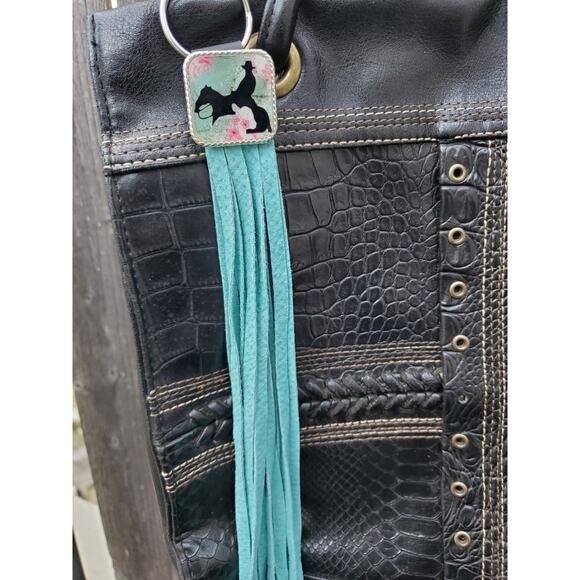 Handmade boho cow horse Leather Fringe Western bag charm, Long fringe keychain - Picture 3 of 3
